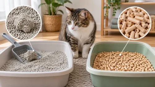 Clumping vs. Non-Clumping Cat Litter: Key Differences, Pros and Cons 3 Bentonite clay cat litter compared with wood pellet litter