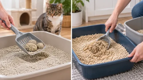 Clumping vs. Non-Clumping Cat Litter: Key Differences, Pros and Cons 2 Scooping clumps and cleaning a non-clumping cat litter tray