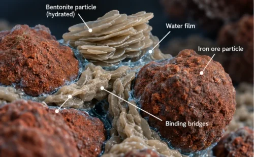 Bentonite in Iron Ore Pelletizing: Binder Performance and Key Factors 1 Bentonite binder mechanism connecting iron ore particles through hydration